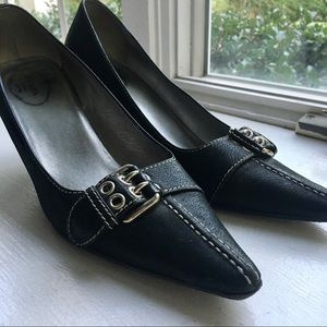 Black Leather Prada Buckle Heels